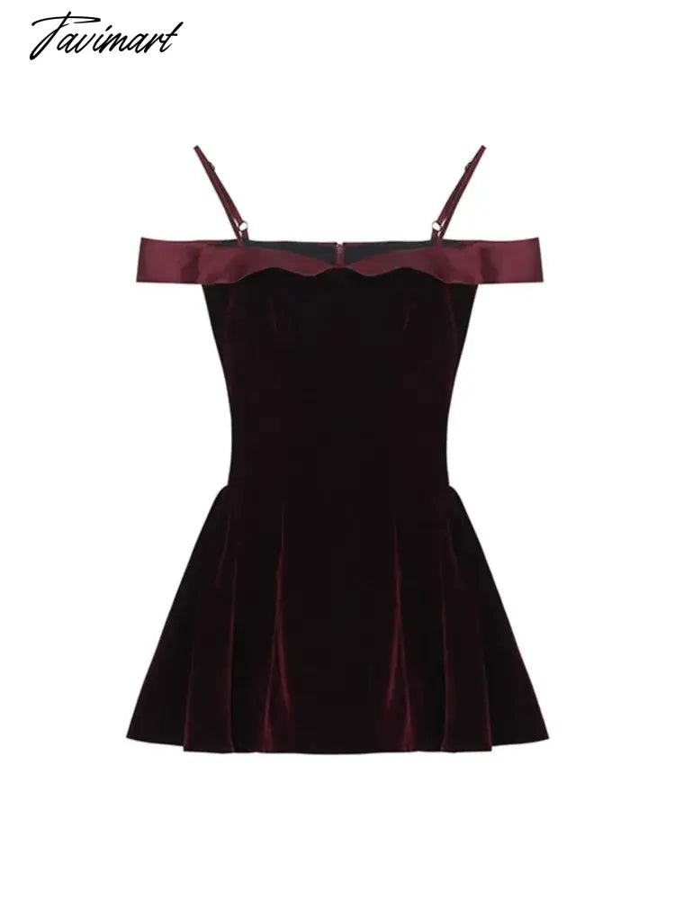 vzyzvFrench Style 2024 Spring Sexy Hepburn Mini Dress Vintage Velvet Suspender Elagant Party Dress Off Shoulder Slim Fairy Vestidos