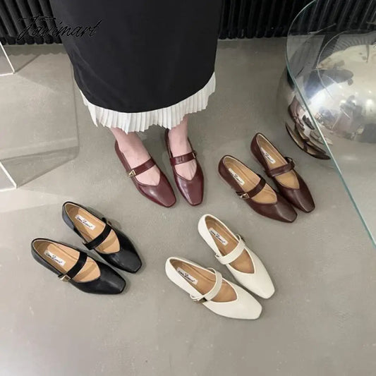 TAVIMART -  French Style Women Flat Women's Square Toe Retro Single Shoes One Word Buckle Mary Jane Shoes Ballerina Flats Mujer