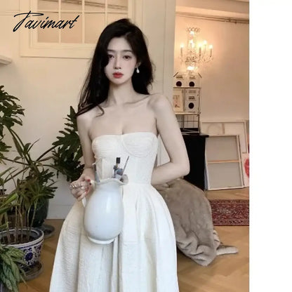 vzyzv -  French Sweet Hot Girl Strapless Dress Women's Spring Pure Sexy Slim Fit High Waist A-line Long Dress Fashion Female Clothes