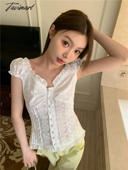 Tavimart Gentle Puff Sleeve Hollow Out Lace Shirts French Edge of Fungus V Neck Blouses White Y2k Tops Korean Fashion Camisas