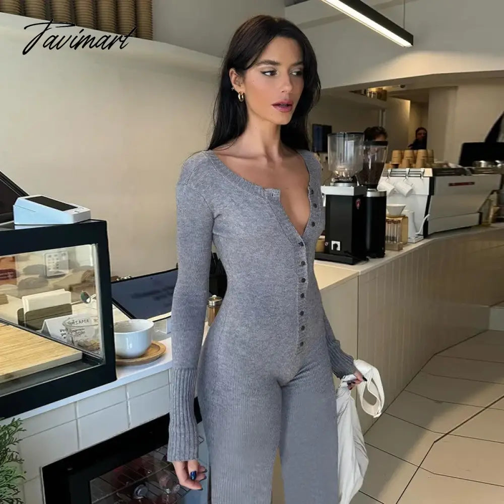 vzyzv -  Grey Black One Piece Knit Stretch Jumpsuit Button Up Long Sleeve Bodycon Romper Comfy Fall Winter Outfits For Women