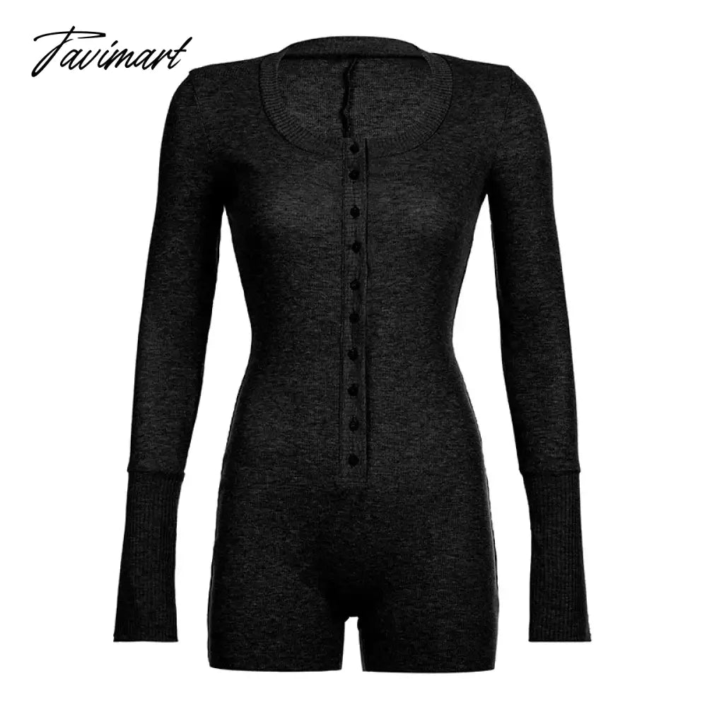 vzyzv -  Grey Black One Piece Knit Stretch Jumpsuit Button Up Long Sleeve Bodycon Romper Comfy Fall Winter Outfits For Women