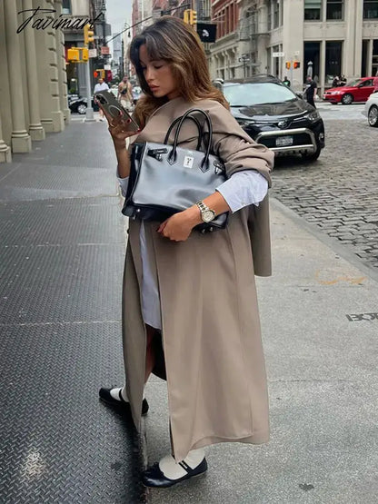 vzyzv -  Grey Lapel Double Breasted Women Long Overcoat Long Sleeve Pocket With Scarf Loose Windbreaker Autumn Chic Lady Streetwear