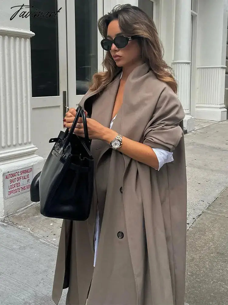 vzyzv -  Grey Lapel Double Breasted Women Long Overcoat Long Sleeve Pocket With Scarf Loose Windbreaker Autumn Chic Lady Streetwear