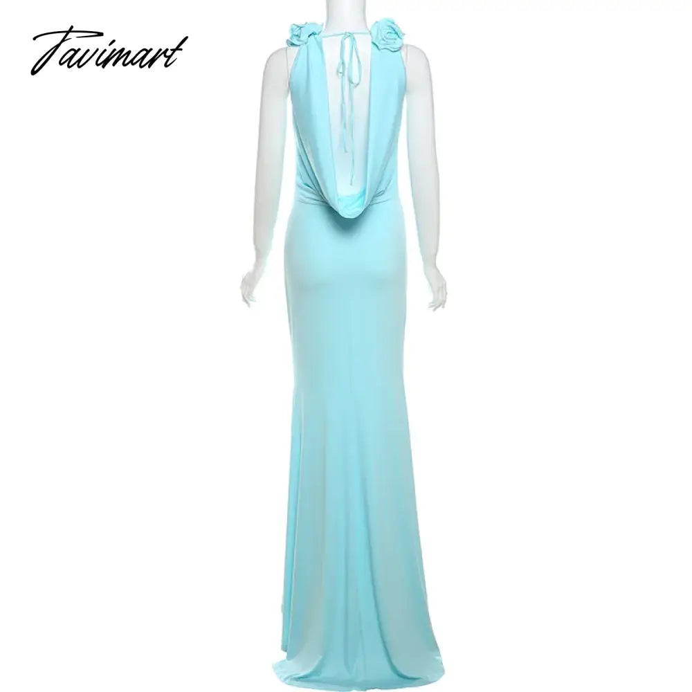 TAVIMART  -  Halter Lace Up Back Hollow Out Sexy Maxi Long Dress Solid Sleeveless Fashion Summer Dress Women Tie Flowers Night Party Dresses