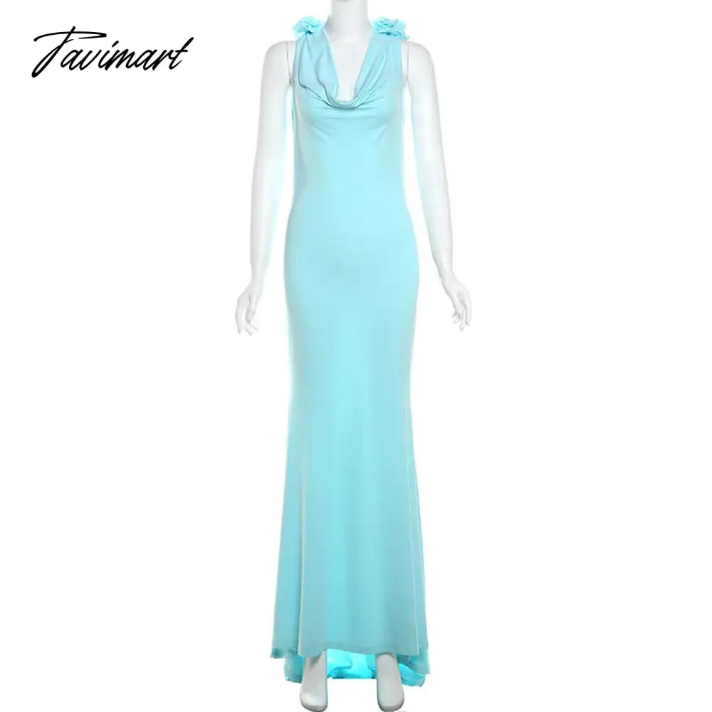 TAVIMART  -  Halter Lace Up Back Hollow Out Sexy Maxi Long Dress Solid Sleeveless Fashion Summer Dress Women Tie Flowers Night Party Dresses