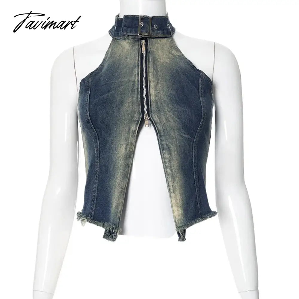 TAVIMART  -  Halter Washed Denim Tank Top Zipper Hollow Out Sexy Crop Tops Sleeveless Backless Summer Tops Women streetwear Clothing