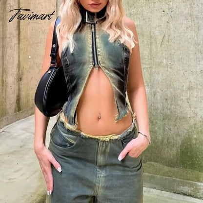 TAVIMART  -  Halter Washed Denim Tank Top Zipper Hollow Out Sexy Crop Tops Sleeveless Backless Summer Tops Women streetwear Clothing