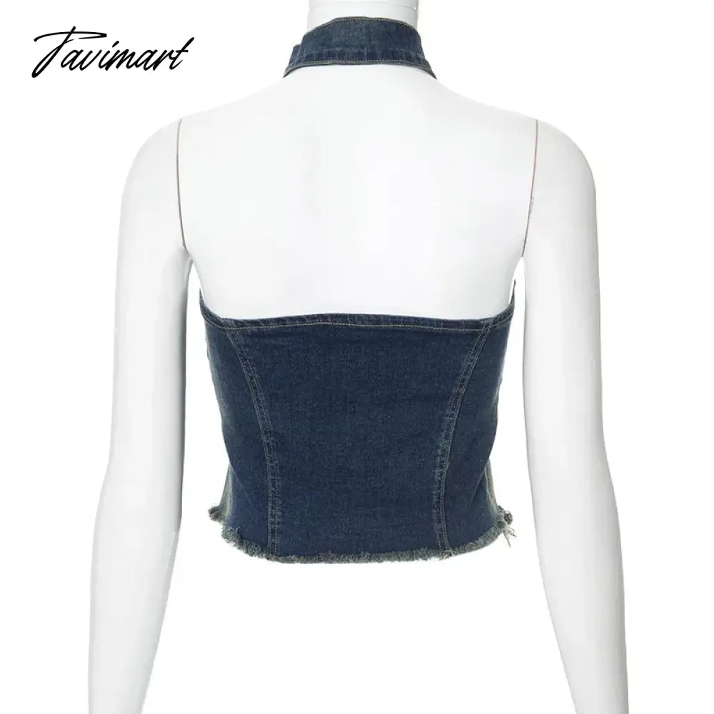 TAVIMART  -  Halter Washed Denim Tank Top Zipper Hollow Out Sexy Crop Tops Sleeveless Backless Summer Tops Women streetwear Clothing