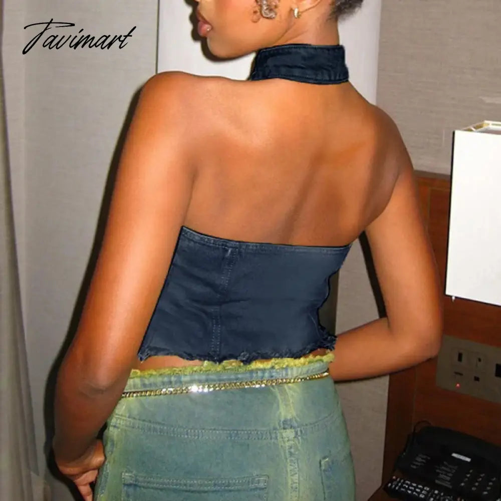 TAVIMART  -  Halter Washed Denim Tank Top Zipper Hollow Out Sexy Crop Tops Sleeveless Backless Summer Tops Women streetwear Clothing