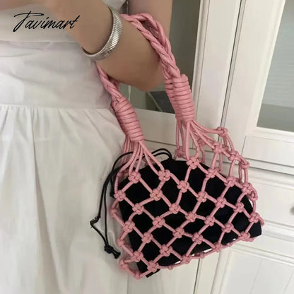 TAVIMART  -  Handmade Weaves Handbags For Women Designer Luxury Retro Hollow Out Crochet Rope Woven Fishnet Bags Beach Mesh Tote Purses Small