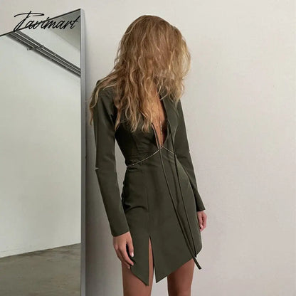 vzyzvHigh Street Irregular Split Mini Bodycon Dress Sexy Deep V Neck Lace Up Hollow Out Long Sleeve Dress Women  Spring Dresses