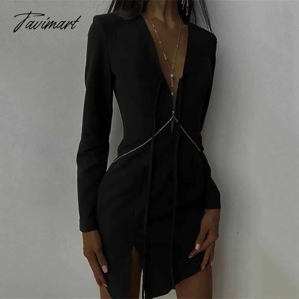 vzyzvHigh Street Irregular Split Mini Bodycon Dress Sexy Deep V Neck Lace Up Hollow Out Long Sleeve Dress Women  Spring Dresses