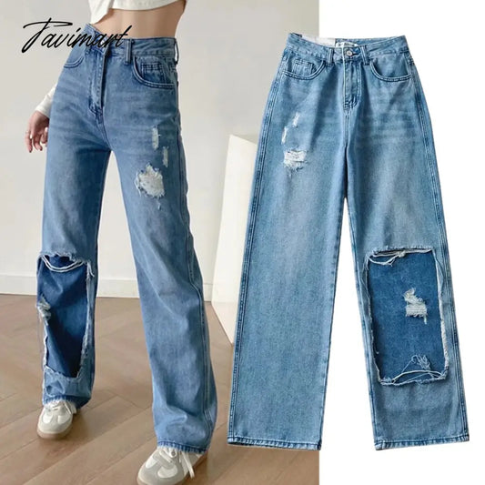 vzyzv High Waist Jeans High Street Patchwork Jeans Woman Washed Mom Retro Ripped Jeans For Women Boyfriend Jeans For Women