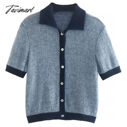 vzyzv Ins Fashion Blogger Retro Single Breasted Knitted  Tops Contrast Mohair Knitwear Women