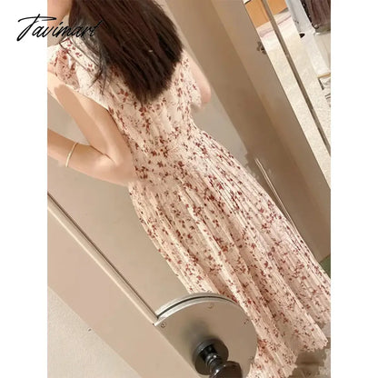 vzyzvJapan Style Spring Summer Short Sleeve Floral Mujer Sweet Pleated Slim Waist Women Dress Women Dresses Robe Sweet Loose