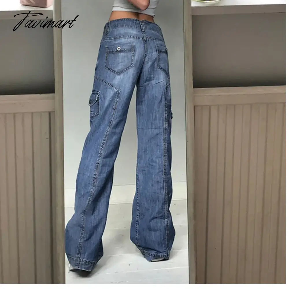 vzyzv Jeans for women high-waisted straight casual pants irregular pocket  cargo pants mopping women's retro denim wide-leg trousers