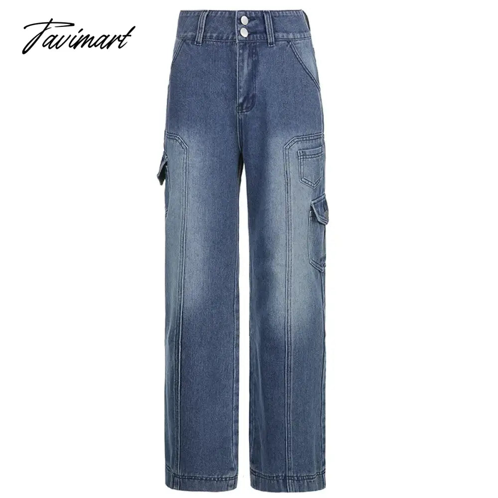 vzyzv Jeans for women high-waisted straight casual pants irregular pocket  cargo pants mopping women's retro denim wide-leg trousers