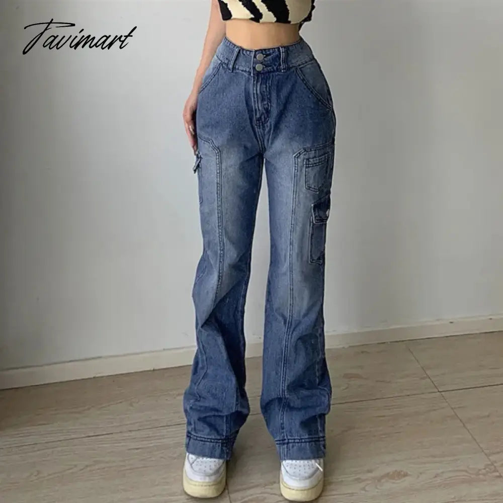 vzyzv Jeans for women high-waisted straight casual pants irregular pocket  cargo pants mopping women's retro denim wide-leg trousers