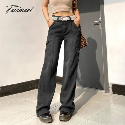 vzyzv Jeans for women high-waisted straight casual pants irregular pocket  cargo pants mopping women's retro denim wide-leg trousers