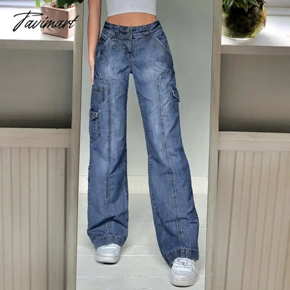 vzyzv Jeans for women high-waisted straight casual pants irregular pocket  cargo pants mopping women's retro denim wide-leg trousers