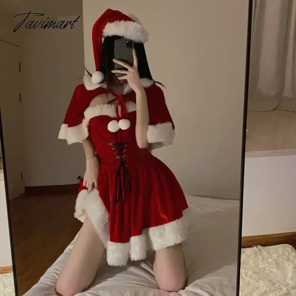 vzyzvKawaii Cloak Cosplay Santa Claus Cute Autumn And Winter Christmas Red Shawl Dress Women's Holiday Costume Party Dressing Women