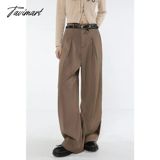 vzyzv Khaki Womans Pants High Waist  Vintage Advanced Sense Straight Trouser American Style Chic Design Baggy Wide Leg Suit Pants