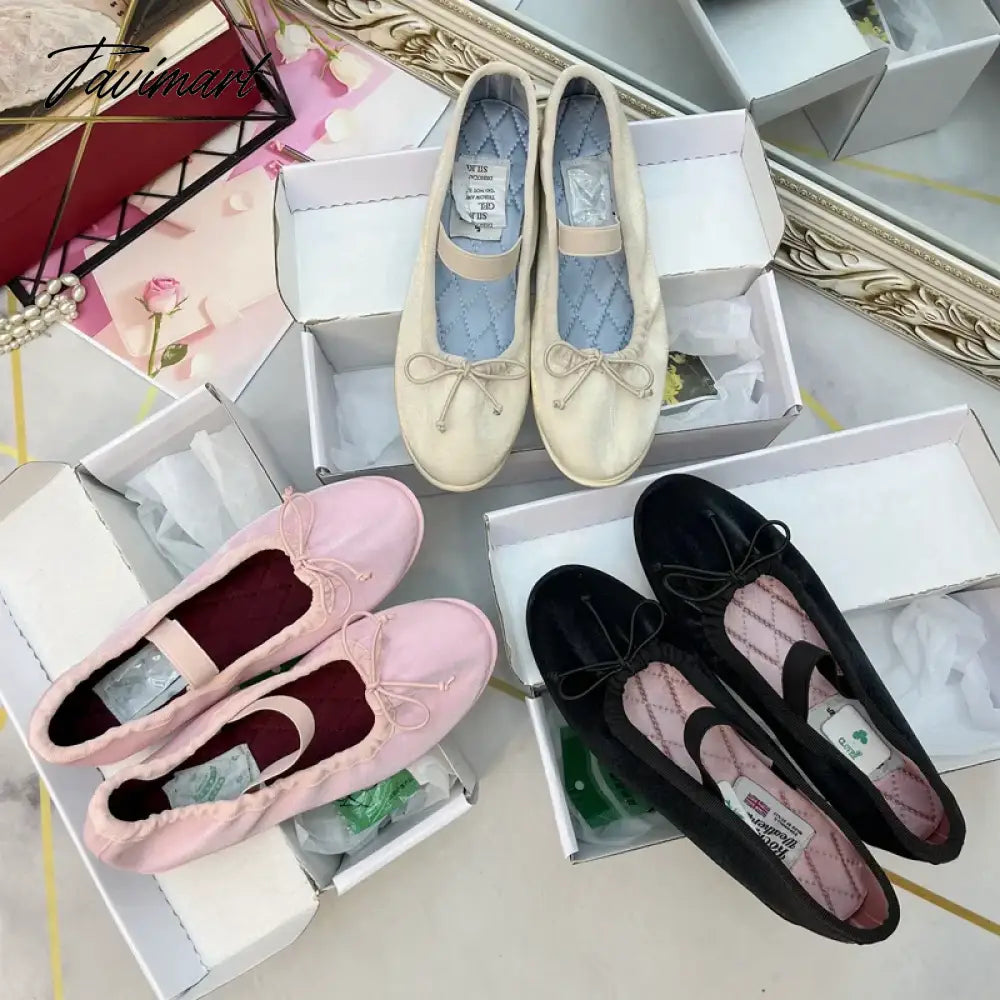 vzyzvKorea Flats Spring/Autumn Flats Women Shoes Fashion Mary Jane Shoes Round Toe Women's Shoes Bow Silk Satin Ballet Flats