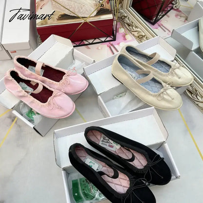 vzyzvKorea Flats Spring/Autumn Flats Women Shoes Fashion Mary Jane Shoes Round Toe Women's Shoes Bow Silk Satin Ballet Flats