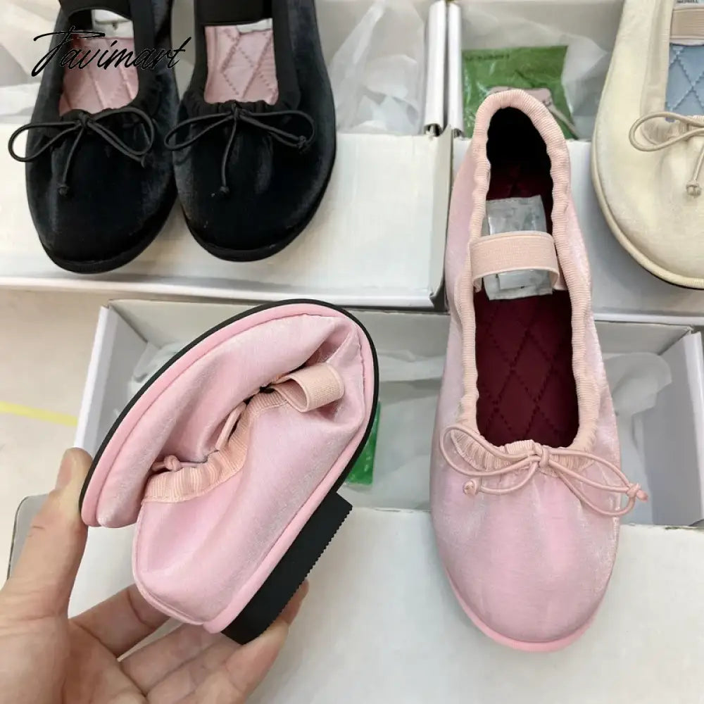 vzyzvKorea Flats Spring/Autumn Flats Women Shoes Fashion Mary Jane Shoes Round Toe Women's Shoes Bow Silk Satin Ballet Flats