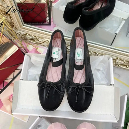 vzyzvKorea Flats Spring/Autumn Flats Women Shoes Fashion Mary Jane Shoes Round Toe Women's Shoes Bow Silk Satin Ballet Flats