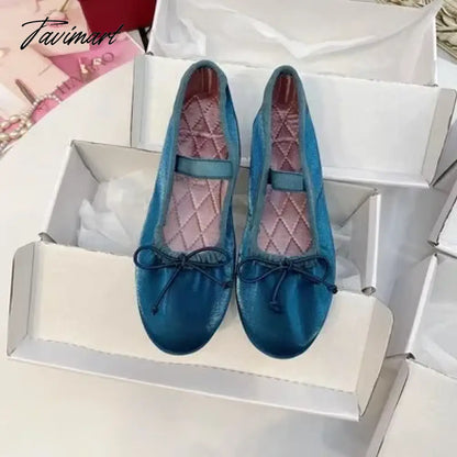 vzyzvKorea Flats Spring/Autumn Flats Women Shoes Fashion Mary Jane Shoes Round Toe Women's Shoes Bow Silk Satin Ballet Flats