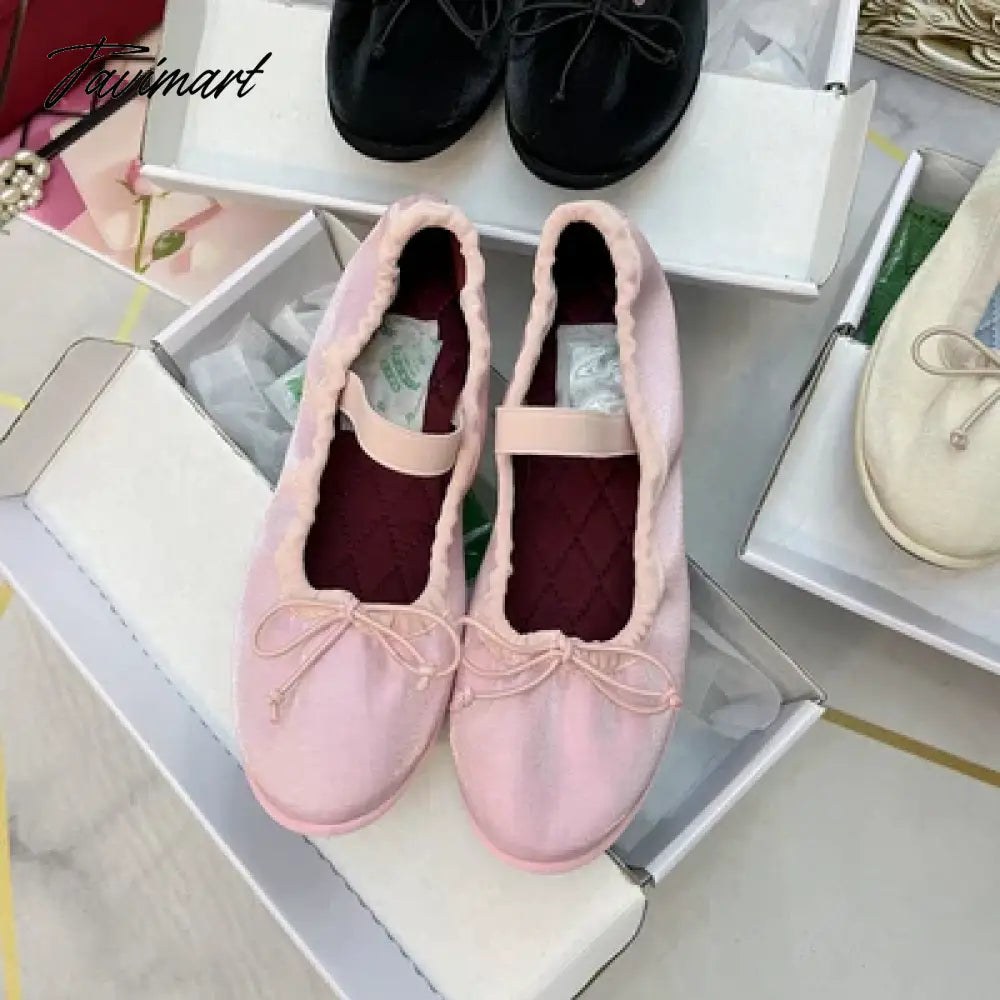 vzyzvKorea Flats Spring/Autumn Flats Women Shoes Fashion Mary Jane Shoes Round Toe Women's Shoes Bow Silk Satin Ballet Flats