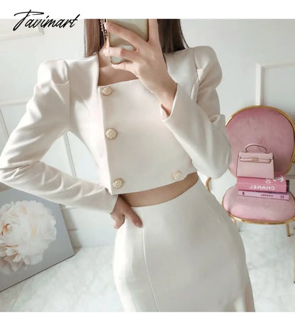 Tavimart  Korean Autumn Women 2 Piece Set Office OL Elegant Square collar Puff Sleeve Crop Tops+High waist Mermaid Bodycon Skirt Suit