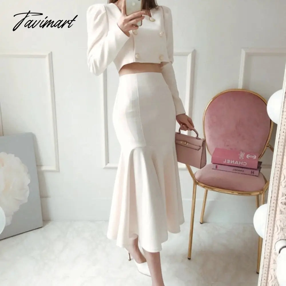 Tavimart  Korean Autumn Women 2 Piece Set Office OL Elegant Square collar Puff Sleeve Crop Tops+High waist Mermaid Bodycon Skirt Suit