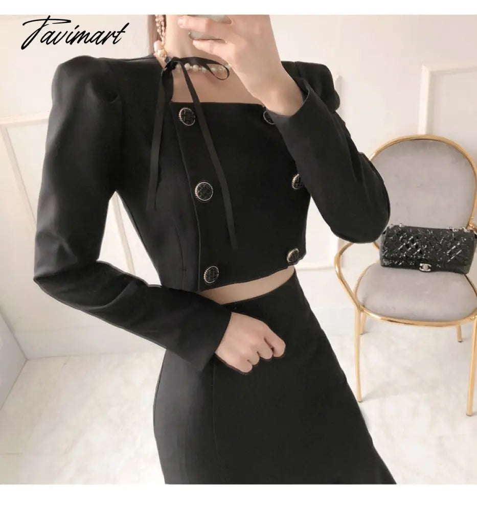 Tavimart  Korean Autumn Women 2 Piece Set Office OL Elegant Square collar Puff Sleeve Crop Tops+High waist Mermaid Bodycon Skirt Suit