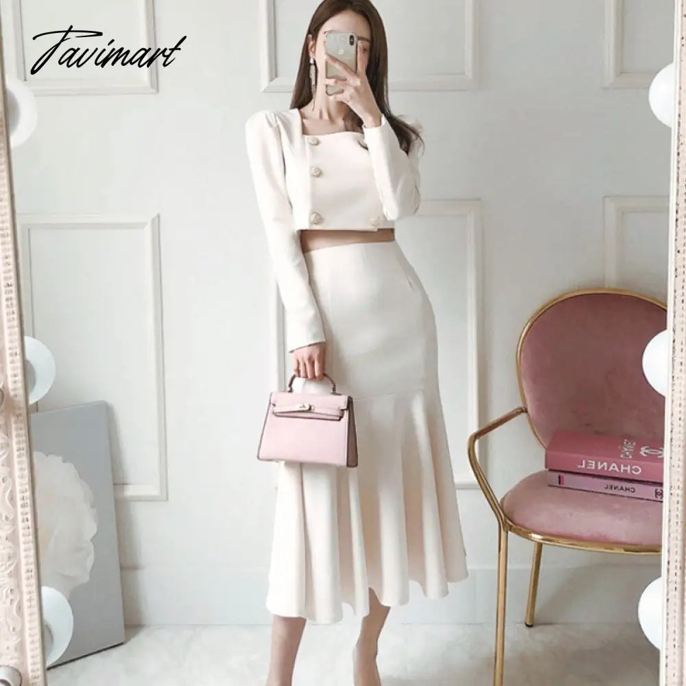 Tavimart  Korean Autumn Women 2 Piece Set Office OL Elegant Square collar Puff Sleeve Crop Tops+High waist Mermaid Bodycon Skirt Suit