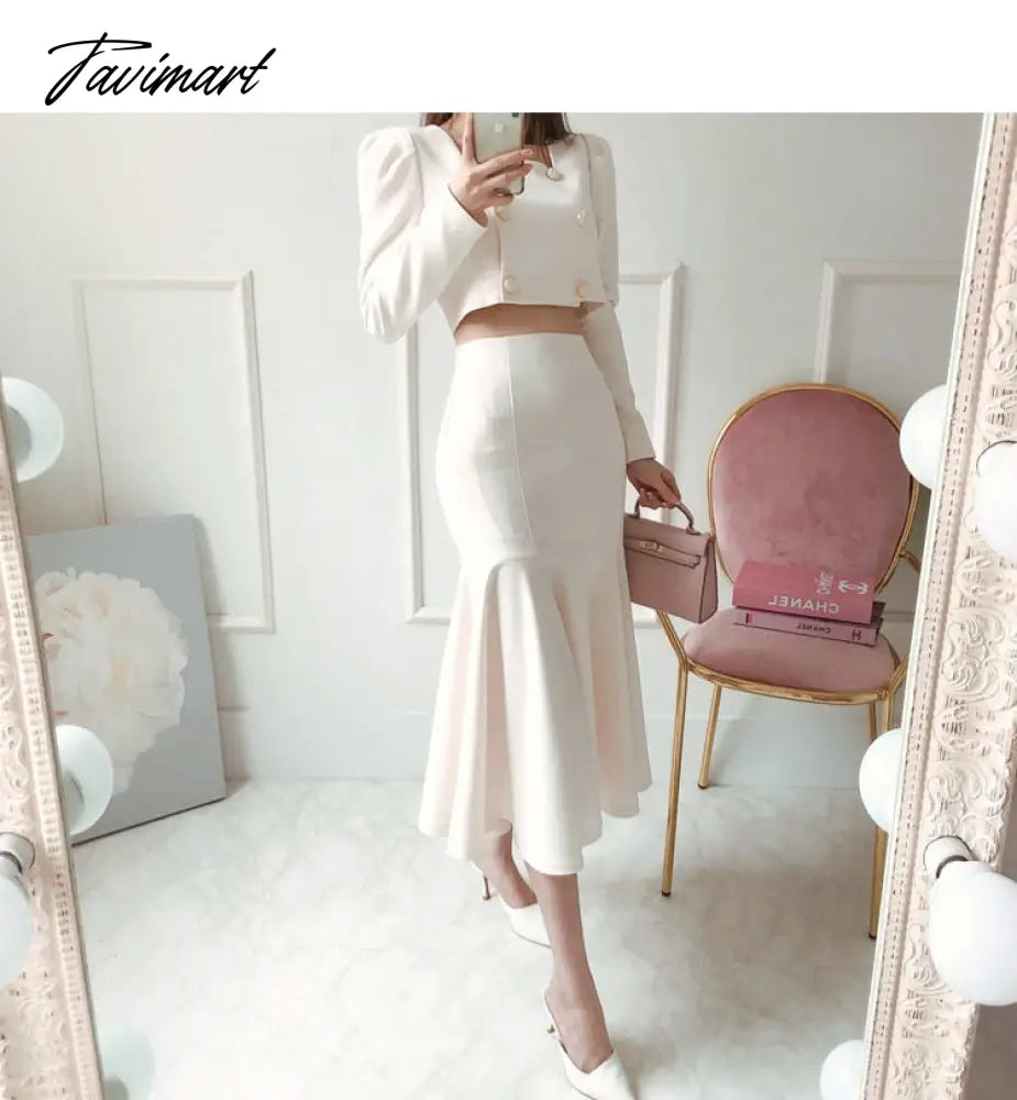 Tavimart  Korean Autumn Women 2 Piece Set Office OL Elegant Square collar Puff Sleeve Crop Tops+High waist Mermaid Bodycon Skirt Suit