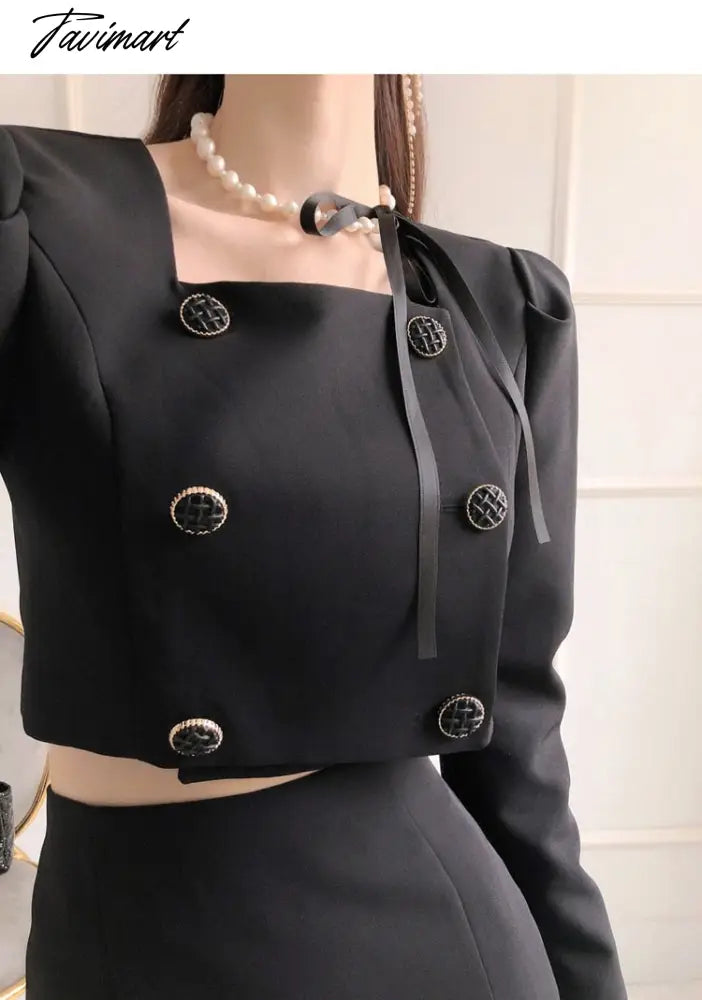 Tavimart  Korean Autumn Women 2 Piece Set Office OL Elegant Square collar Puff Sleeve Crop Tops+High waist Mermaid Bodycon Skirt Suit