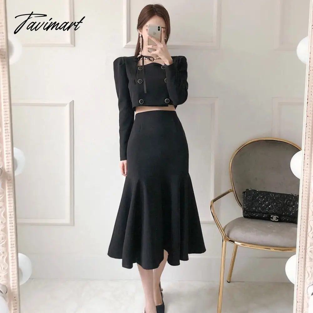 Tavimart  Korean Autumn Women 2 Piece Set Office OL Elegant Square collar Puff Sleeve Crop Tops+High waist Mermaid Bodycon Skirt Suit