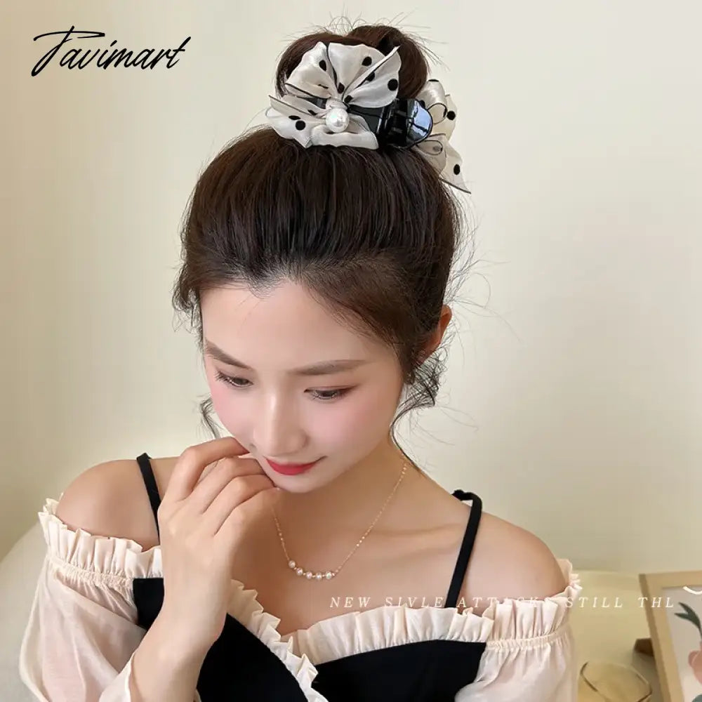 vzyzv -  Korean bow pearl hairpin female back head grab clip temperament ball head shark clip net red hairpin headwear