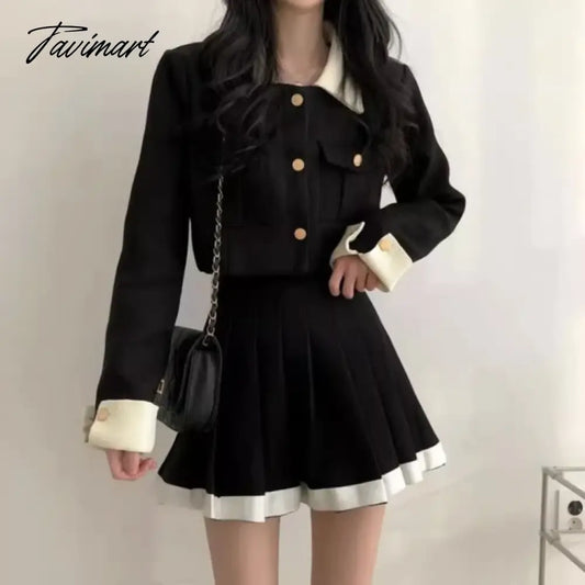 Tavimart Korean Elegant Lapel Neck Long Sleeve Coat Women+ Y2k Grunge High Waist Pleated Skirts Autumn New Two Piece Sets