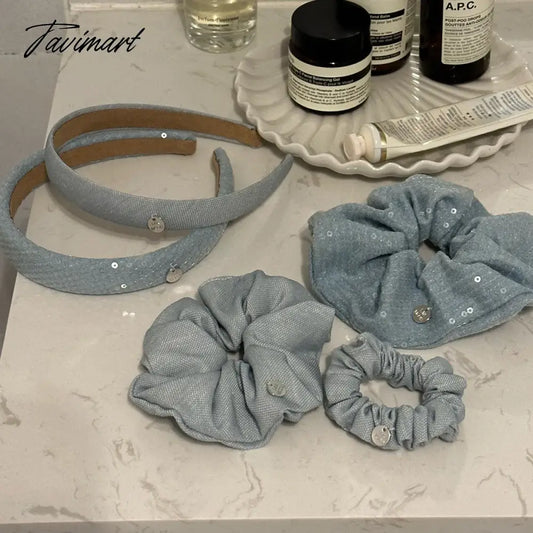 Tavimart Korean Fashion Hair Accessories for Girls Denim Shiny Scrunchies With Sequins Hairband Light Blue Hairties for Women Headwear