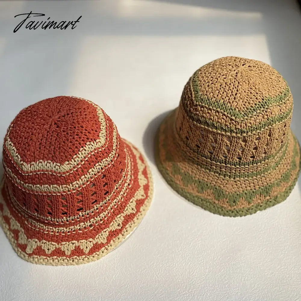 vzyzv  -  Korean Hand-crochet Straw Cotton Women Sun Bucket Cap Summer Hollow Fisherman's Hat Breathable Leisure Stripe Basin Hat