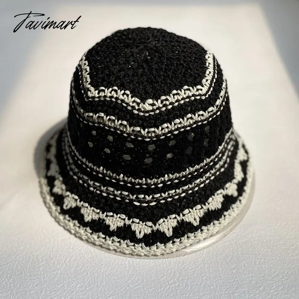 vzyzv  -  Korean Hand-crochet Straw Cotton Women Sun Bucket Cap Summer Hollow Fisherman's Hat Breathable Leisure Stripe Basin Hat