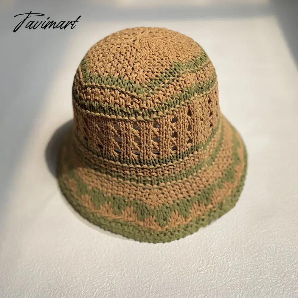 vzyzv  -  Korean Hand-crochet Straw Cotton Women Sun Bucket Cap Summer Hollow Fisherman's Hat Breathable Leisure Stripe Basin Hat