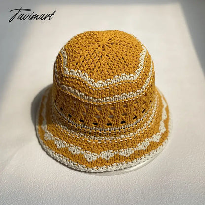 vzyzv  -  Korean Hand-crochet Straw Cotton Women Sun Bucket Cap Summer Hollow Fisherman's Hat Breathable Leisure Stripe Basin Hat