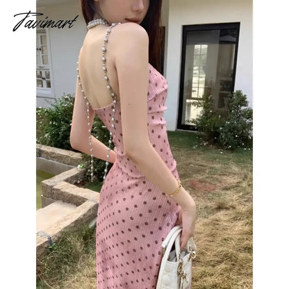 vzyzv Korean Polka Dot Printed Pink Chain Sling Dress Women 2024 Spring New Streetwear Off-shoulder Sexy Slim Elegant A-line Dress