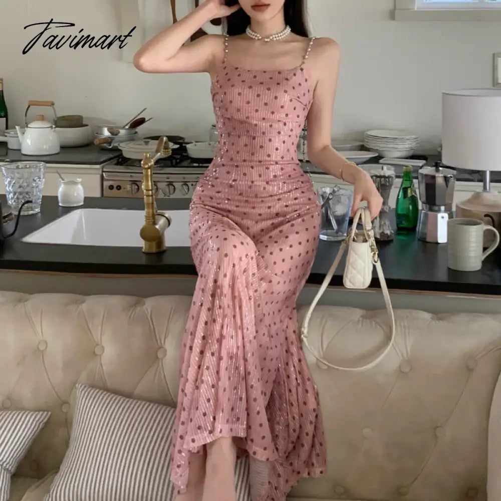 vzyzv Korean Polka Dot Printed Pink Chain Sling Dress Women 2024 Spring New Streetwear Off-shoulder Sexy Slim Elegant A-line Dress