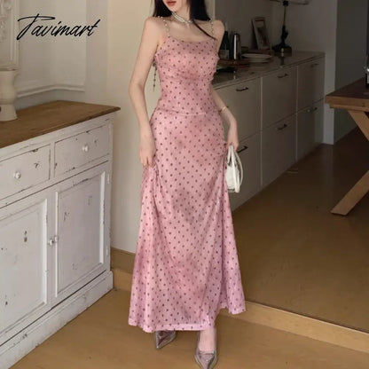 vzyzv Korean Polka Dot Printed Pink Chain Sling Dress Women 2024 Spring New Streetwear Off-shoulder Sexy Slim Elegant A-line Dress